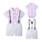 Load image into Gallery viewer, Bow Applique Check Print Onesie with Half Pants &amp; Suspenders Set for Kids
