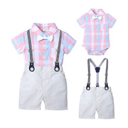 Bow Applique Check Print Onesie with Half Pants & Suspenders Set for Kids