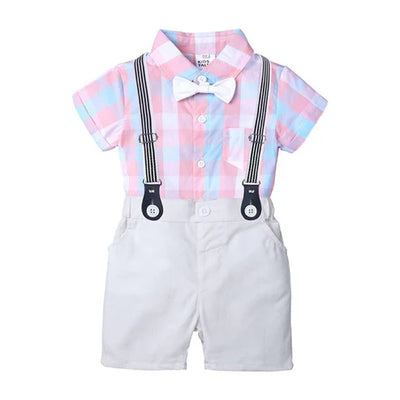 Bow Applique Check Print Onesie with Half Pants & Suspenders Set for Kids
