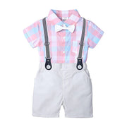 Bow Applique Check Print Onesie with Half Pants & Suspenders Set for Kids