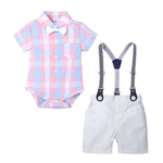 Load image into Gallery viewer, Bow Applique Check Print Onesie with Half Pants &amp; Suspenders Set for Kids