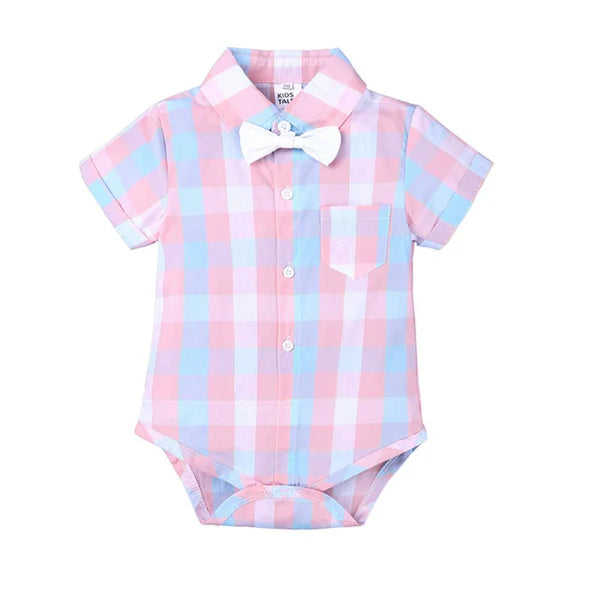 Bow Applique Check Print Onesie with Half Pants & Suspenders Set for Kids