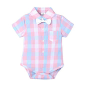Bow Applique Check Print Onesie with Half Pants & Suspenders Set for Kids
