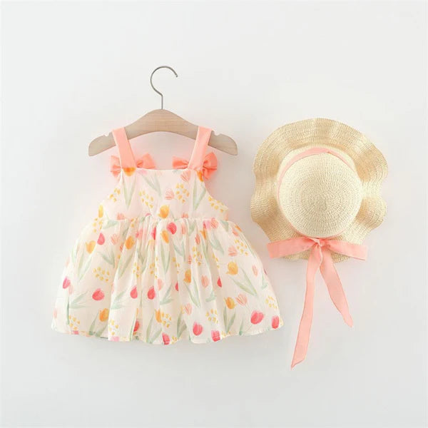 Baby Girl Sleeveless Floral Party Frock with Matching Hat – Festive Wear