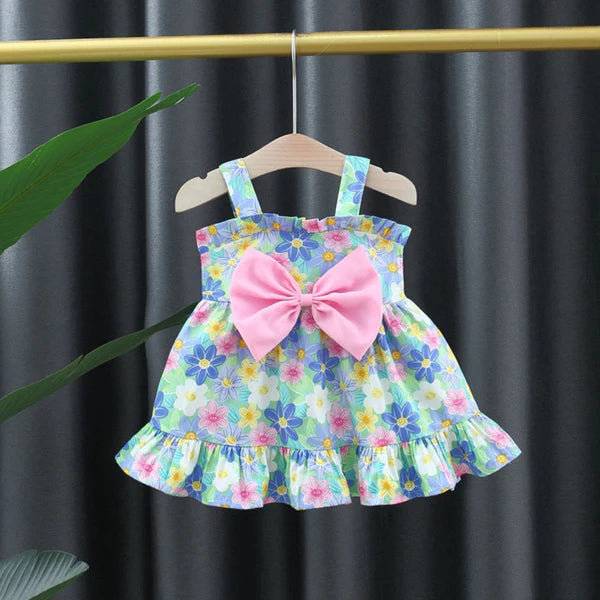 Baby Girl Ruffled Sleeveless Floral Dress with Large Bow – Casual Frock