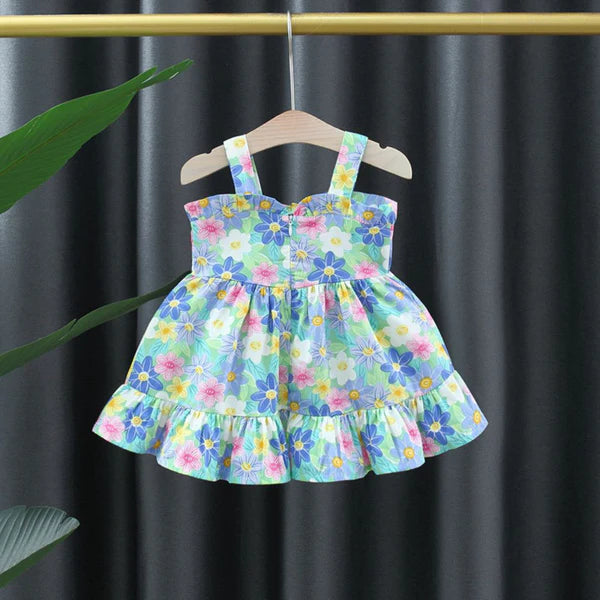 Baby Girl Ruffled Sleeveless Floral Dress with Large Bow – Casual Frock
