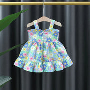 Baby Girl Ruffled Sleeveless Floral Dress with Large Bow – Casual Frock